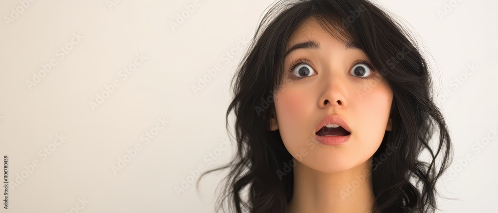 Asian woman s astonished face in perfect symmetry, minimalist white background, emotional authenticity and realism Asian woman s astonished face in perfect symmetry, minimalist white background, emotional authenticity and realism