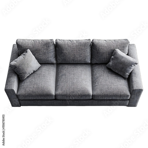 A gray couch with pillows and a pattern on it