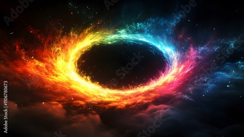 Fiery, rainbow ring in cosmic space, nebula clouds.