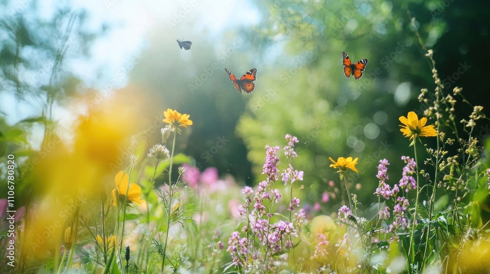 A close-up of wildflowers in a meadow, with bees and butterflies flying around, creating a peaceful natural scene A close-up of wildflowers in a meadow, with bees and butterflies flying around, creating a peaceful natural scene