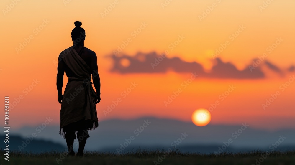 Fototapeta premium A silhouette of a figure in traditional attire stands against a colorful sunset, capturing a moment of reflection and serenity.
