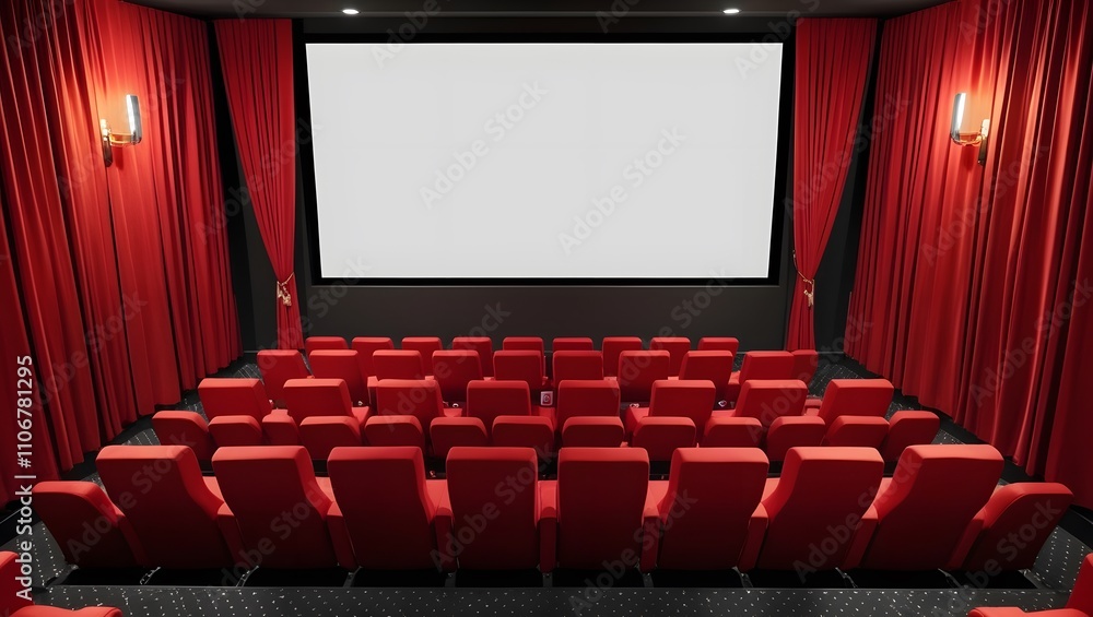 Fototapeta premium Cinema room with blank screen and empty space. Red seats and curtains. Concept of leisure, entertainment, cinema and theater.