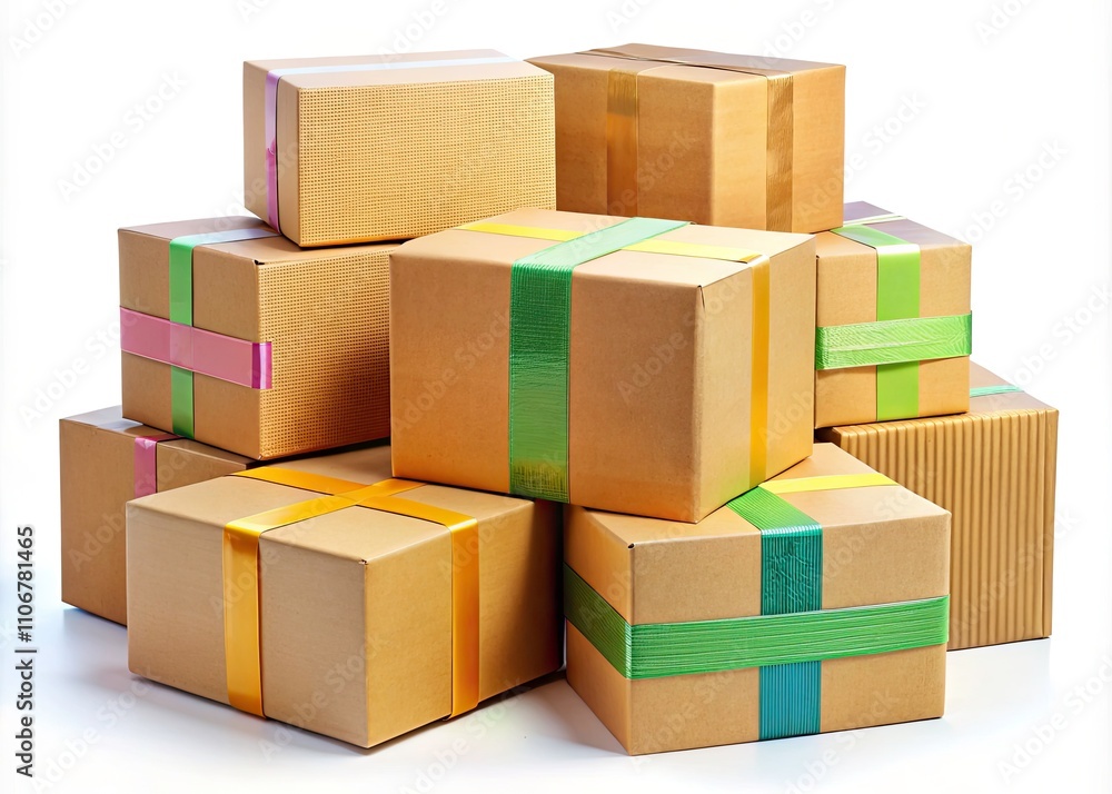 Fototapeta premium Realistic Macro Photography of Stacked Parcel Boxes and Sealed Goods in Cardboard with Adhesive Tape, Isolated on White Background - Perfect for Delivery Icons and Shipping Concepts
