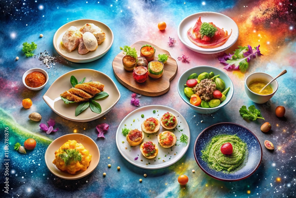 Captivating Food Photography Featuring Delicious Dishes on a Galaxy Pastel Watercolour Texture Background, Perfect for Culinary Inspiration and Creative Presentations Captivating Food Photography Featuring Delicious Dishes on a Galaxy Pastel Watercolour Texture Background, Perfect for Culinary Inspiration and Creative Presentations