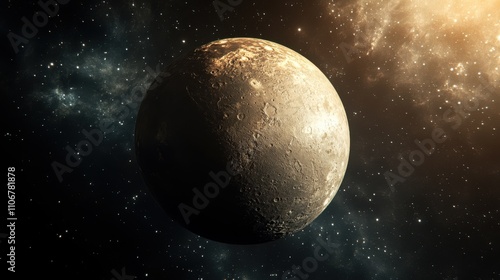 Mercury with its rocky, cratered surface and sharp shadows, drifting through a dark space filled with faint stars and distant galaxies, cosmic, cinematic, rocky planet, celestial, inner planet. photo