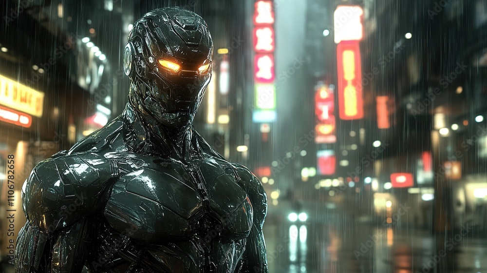 Obraz premium Futuristic cyborg stands in rainy cyberpunk city.