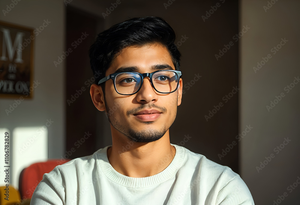 Young Man Portrait Glasses, Casual, Indoors, Sunlight, Thoughtful Expression Young Man Portrait Glasses, Casual, Indoors, Sunlight, Thoughtful Expression