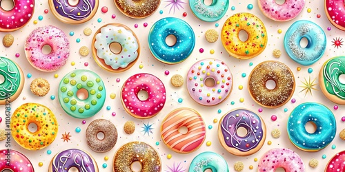 Seamless Pattern of Colorful Glazed Donuts on White Background for Girly Designs - Perfect for Print and Web Applications