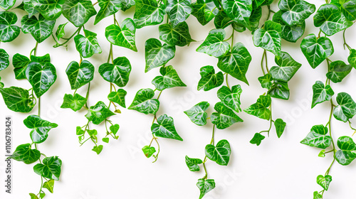 Green leaves of the Javanese treebine or Grape ivy (Cissus spp.) jungle vine hanging against a white background. photo