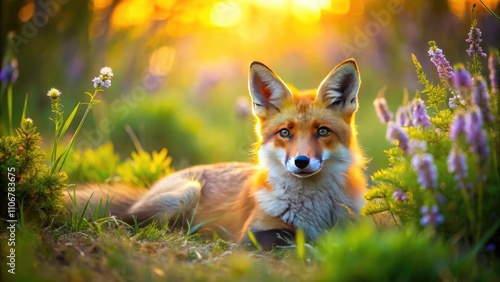 Serene Long Exposure of a Fox Laying on the Ground in a Natural Environment, Capturing the Beauty of Wildlife and Nature's Tranquility