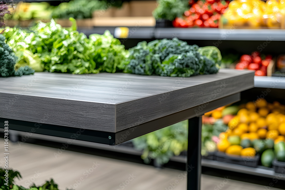 Fresh produce displayed on a wooden table in a grocery store setting. Fresh produce displayed on a wooden table in a grocery store setting.