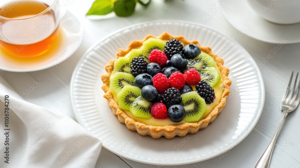 A vibrant fruit tart with a crispy pastry crust, filled with vanilla custard and topped with an array of fresh berries and kiwi slices, Fruit tart centered A vibrant fruit tart with a crispy pastry crust, filled with vanilla custard and topped with an array of fresh berries and kiwi slices, Fruit tart centered