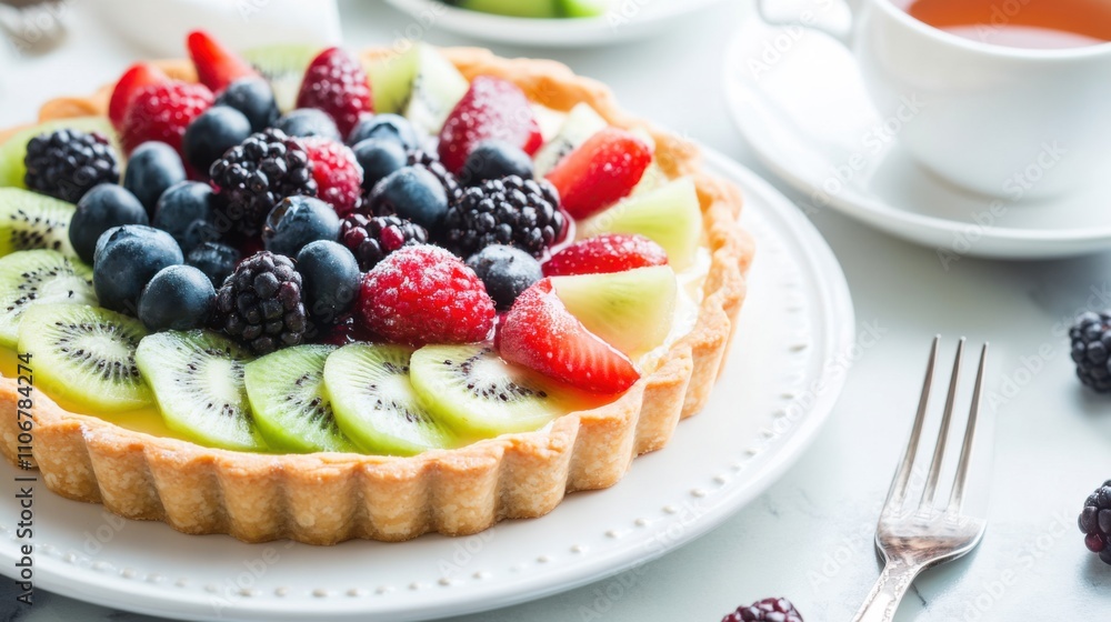 A vibrant fruit tart with a crispy pastry crust, filled with vanilla custard and topped with an array of fresh berries and kiwi slices, Fruit tart centered A vibrant fruit tart with a crispy pastry crust, filled with vanilla custard and topped with an array of fresh berries and kiwi slices, Fruit tart centered