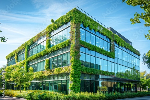 Modern office building with solar glass windows and a faÃ§ade covered in climbing ivy, creating a striking green and glass contrast  photo