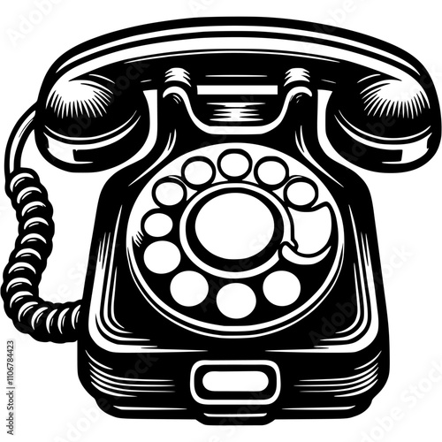 Wired home telephone with rotary dialing front view in monochrome. Simple minimalistic vector in black ink drawing on transparent background