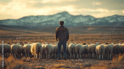 A lone shepherd stands before a flock of sheep with mountains in the background