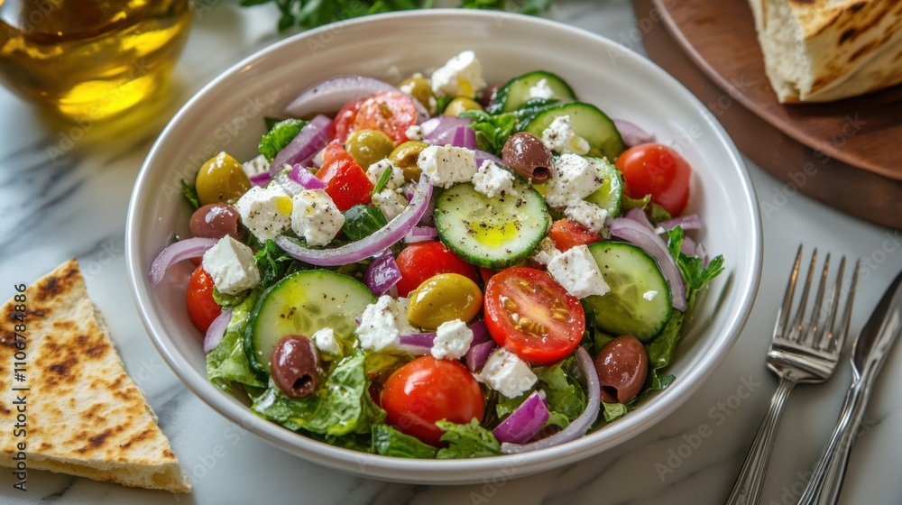 A vibrant Greek salad with cucumbers, tomatoes, red onions A vibrant Greek salad with cucumbers, tomatoes, red onions