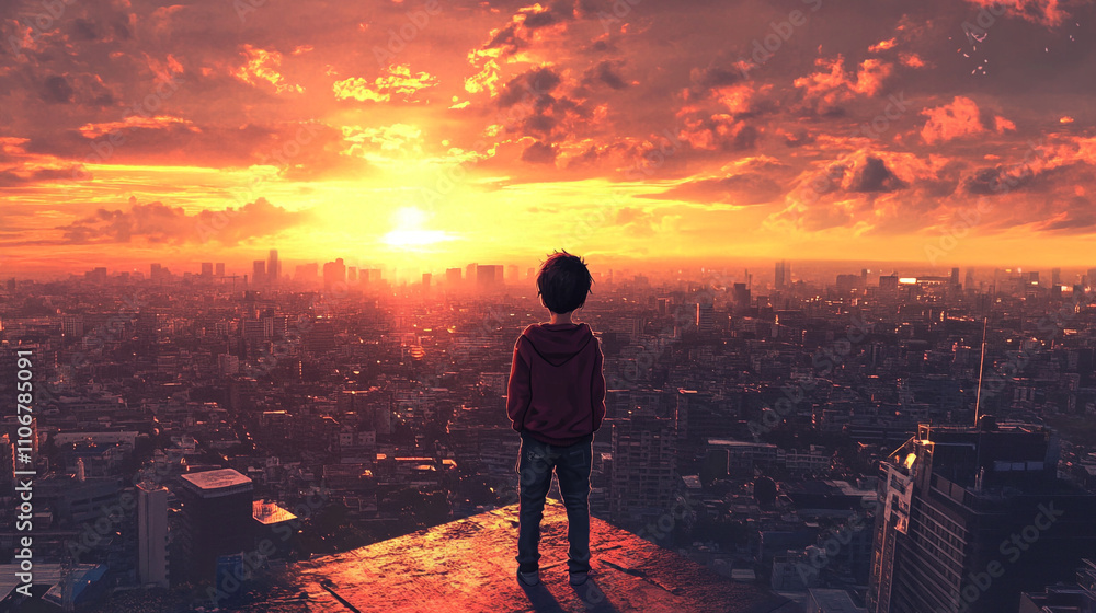 Fototapeta premium Boy Watching City Sunset Panorama