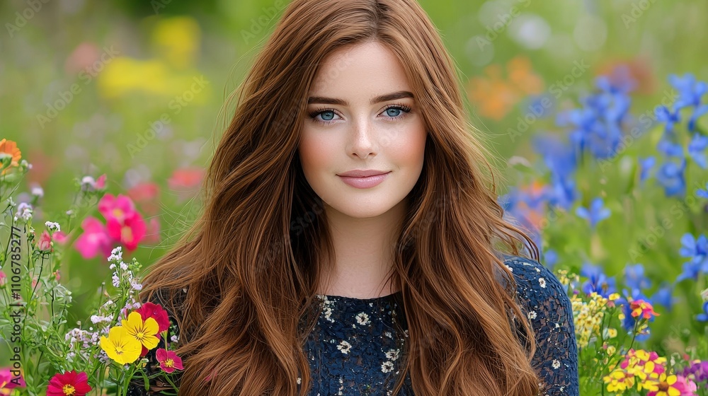 Naklejka premium Beautiful Redhead Woman in Vibrant Flower Garden