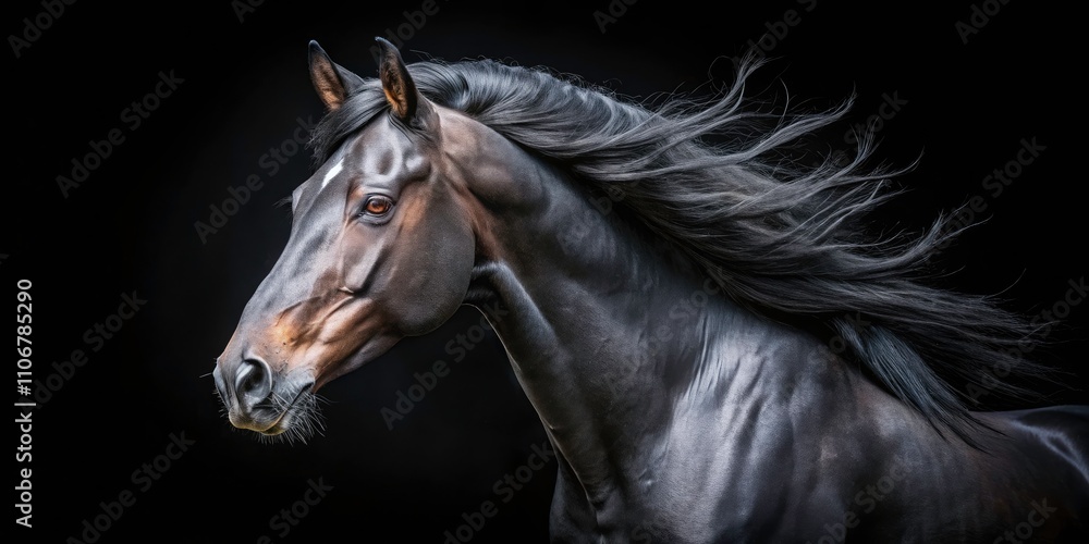 Fototapeta premium Stunning Black Horse Head Portrait on Black Background - Panoramic Photography of Majestic Equine Beauty