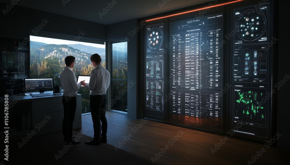 Two individuals examine data on a screen in a modern room, with a high-tech server wall and a scenic outdoor view. Two individuals examine data on a screen in a modern room, with a high-tech server wall and a scenic outdoor view.
