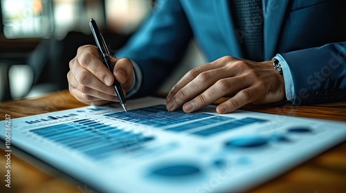 A business professional in a blue suit holding a pen and drawing on a laptop screen displaying growth graphs, representing business development