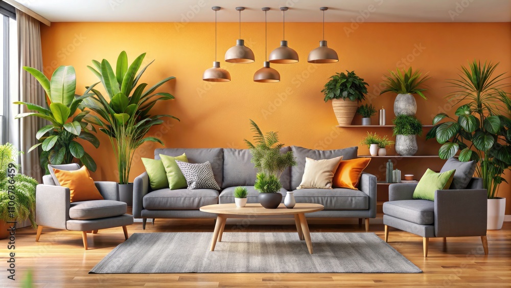 Stylish Living Room with Pastel Orange Accent Wall and Grey Sofa Featuring Colorful Cushions and Indoor Plants for Modern Home Decor Inspiration Stylish Living Room with Pastel Orange Accent Wall and Grey Sofa Featuring Colorful Cushions and Indoor Plants for Modern Home Decor Inspiration