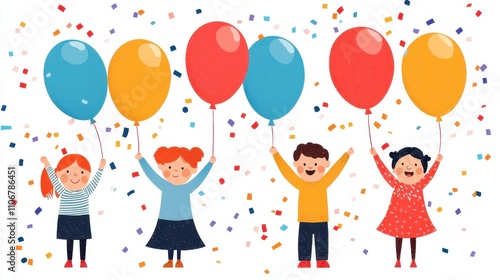 A joyful scene of children celebrating with colorful balloons and confetti, embodying fun and happiness at a festive event.