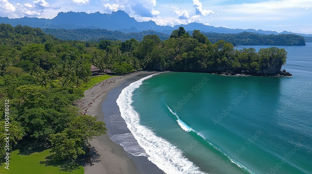 Obraz premium Tropical Beach Paradise Turquoise Ocean Black Sand Lush Greenery
