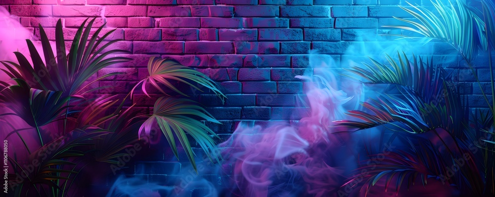 Fototapeta premium Neon Lit Brick Wall With Tropical Plants And Smoke