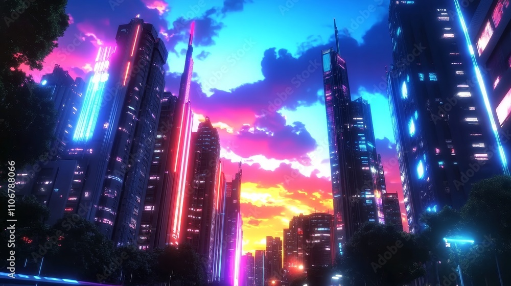 A Vibrant Cityscape Under a Colorful Sunset A Vibrant Cityscape Under a Colorful Sunset