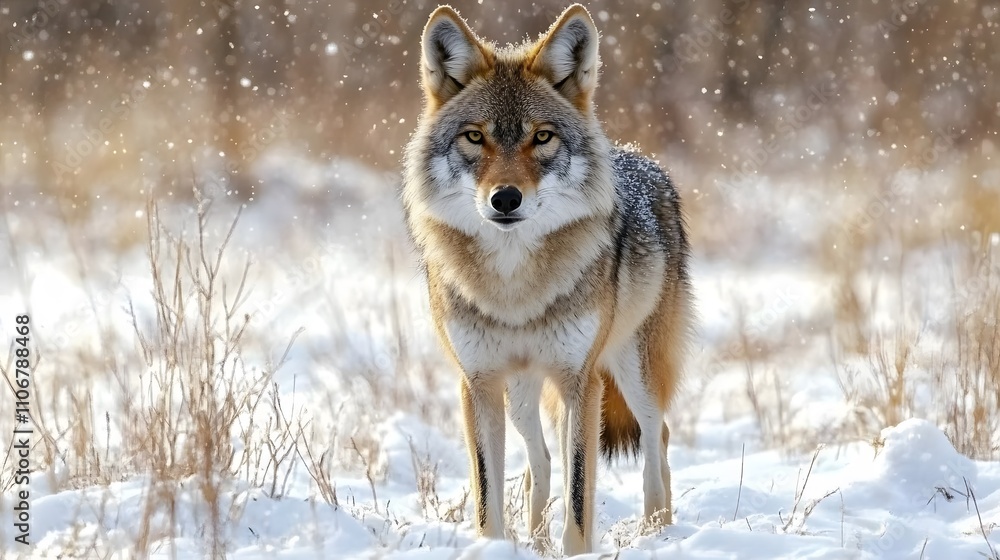 Majestic coyote standing in snowy winter landscape. Majestic coyote standing in snowy winter landscape.