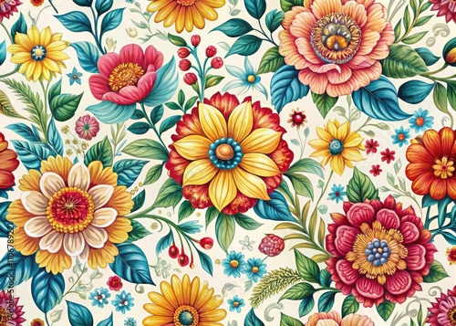 Vintage Floral Seamless Pattern Design with Ornamental Flowers in Retro Style for Home Decor, Fashion, and Textiles - Colorful Vector Illustration on White Background