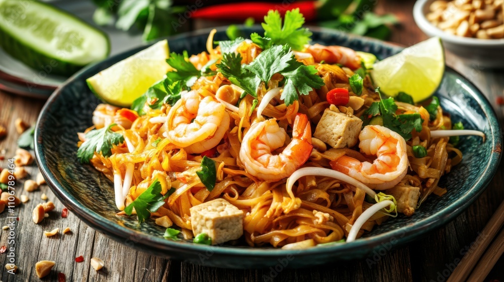 A vibrant plate of pad Thai with stir-fried rice noodles, shrimp, tofu A vibrant plate of pad Thai with stir-fried rice noodles, shrimp, tofu