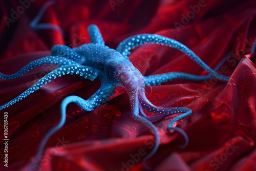 A vibrant blue octopus with spotted tentacles gracefully rests on a rich red fabric. The contrast creates a striking visual. photo