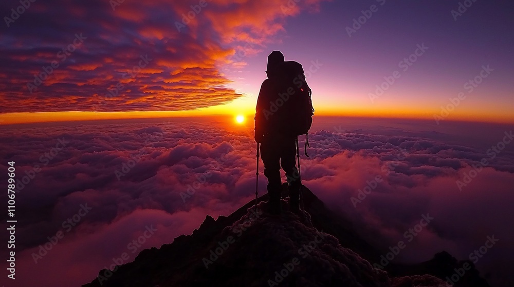 Obraz premium Silhouette of a hiker on mountain peak at sunrise above clouds.