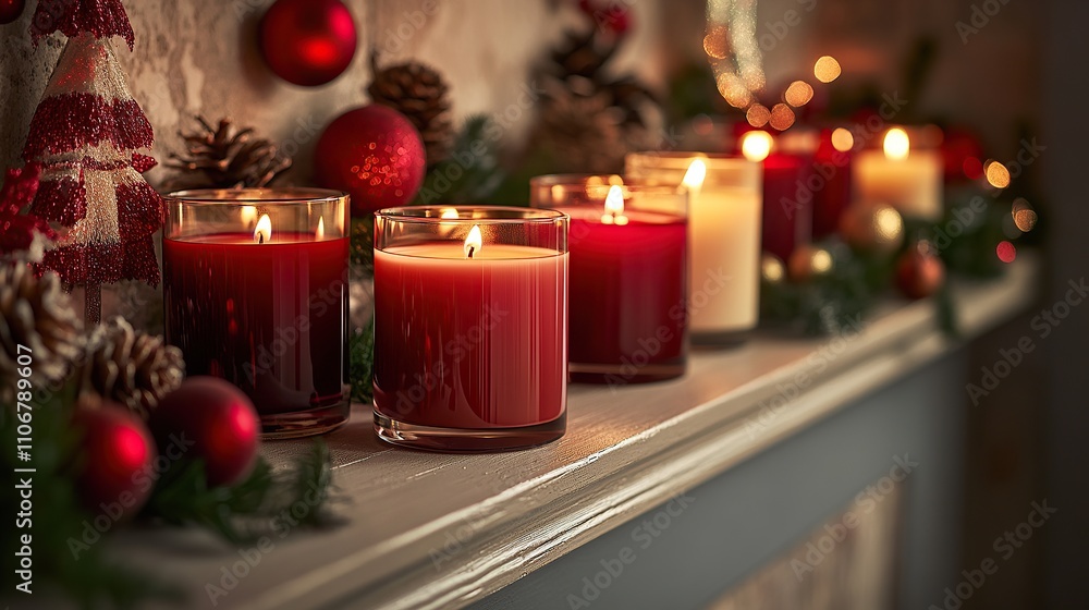 A cozy holiday scene featuring lit candles and festive decorations. A cozy holiday scene featuring lit candles and festive decorations.