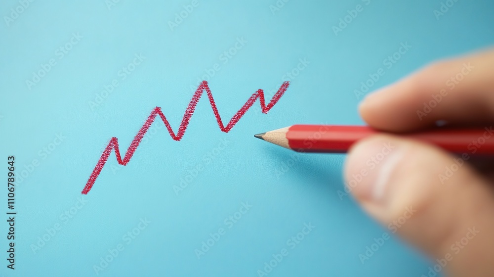 A hand holding a red pencil, drawing a zigzag line on a blue background. A hand holding a red pencil, drawing a zigzag line on a blue background.