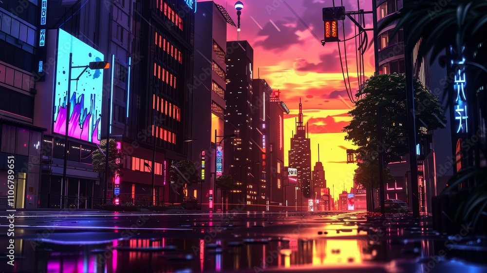 Neon-Lit Cityscape with Sunset Reflections in a Canal Neon-Lit Cityscape with Sunset Reflections in a Canal