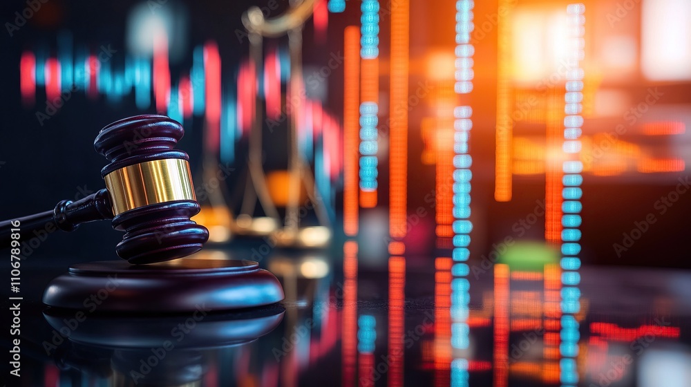 A gavel and scales of justice with financial data in the background. A gavel and scales of justice with financial data in the background.