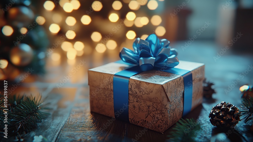 A beautifully wrapped Christmas gift with a blue bow, surrounded by festive decor. A beautifully wrapped Christmas gift with a blue bow, surrounded by festive decor.