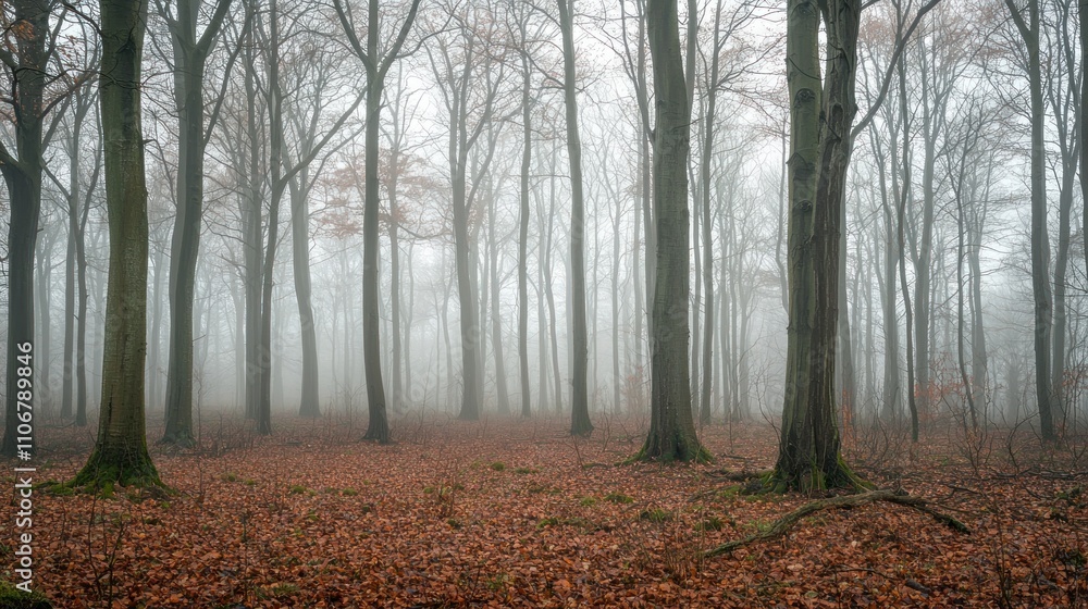A misty forest in the early morning, with fog hovering around the trees and a tranquil, mysterious atmosphere A misty forest in the early morning, with fog hovering around the trees and a tranquil, mysterious atmosphere