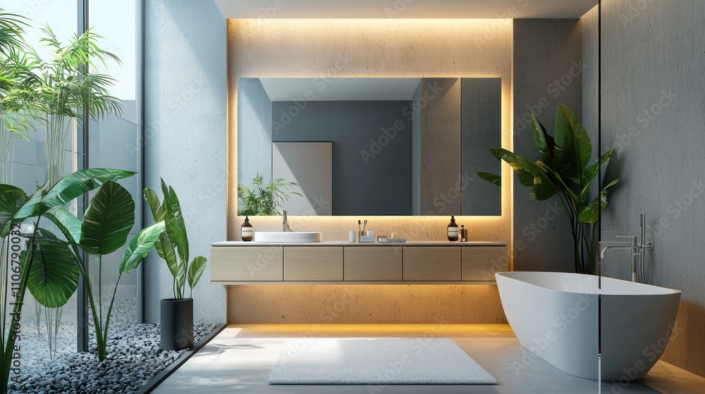 A modern, minimalist bathroom with clean lines, a sleek vanity, and soft lighting, creating a fresh and luxurious space A modern, minimalist bathroom with clean lines, a sleek vanity, and soft lighting, creating a fresh and luxurious space