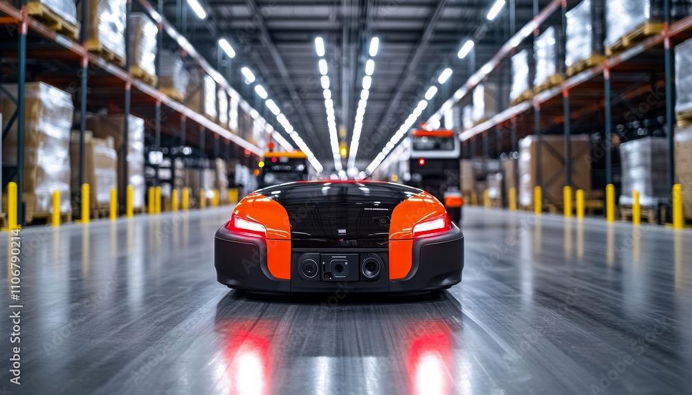 A sleek robotic vehicle is positioned in a spacious warehouse, surrounded by shelves filled with boxes, showcasing advanced automation. A sleek robotic vehicle is positioned in a spacious warehouse, surrounded by shelves filled with boxes, showcasing advanced automation.