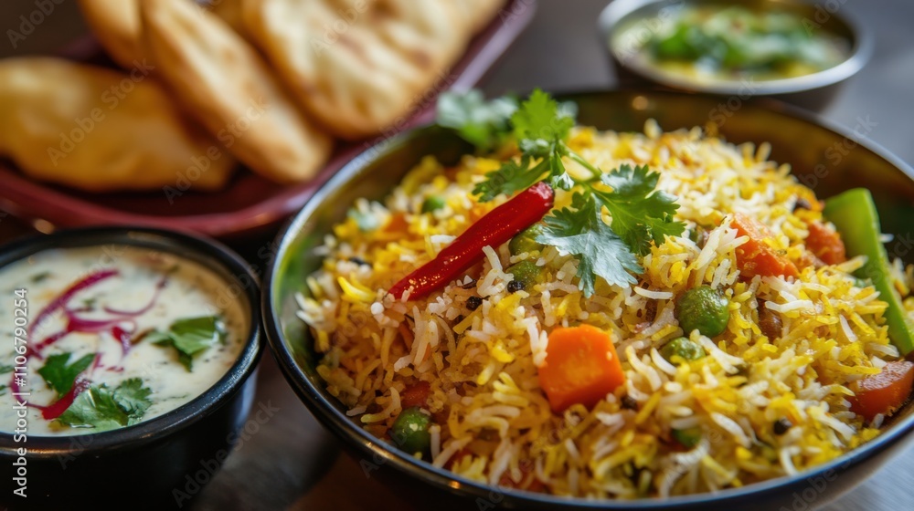 A vibrant plate of vegetable biryani with fragrant basmati rice, mixed vegetables, and aromatic spices A vibrant plate of vegetable biryani with fragrant basmati rice, mixed vegetables, and aromatic spices