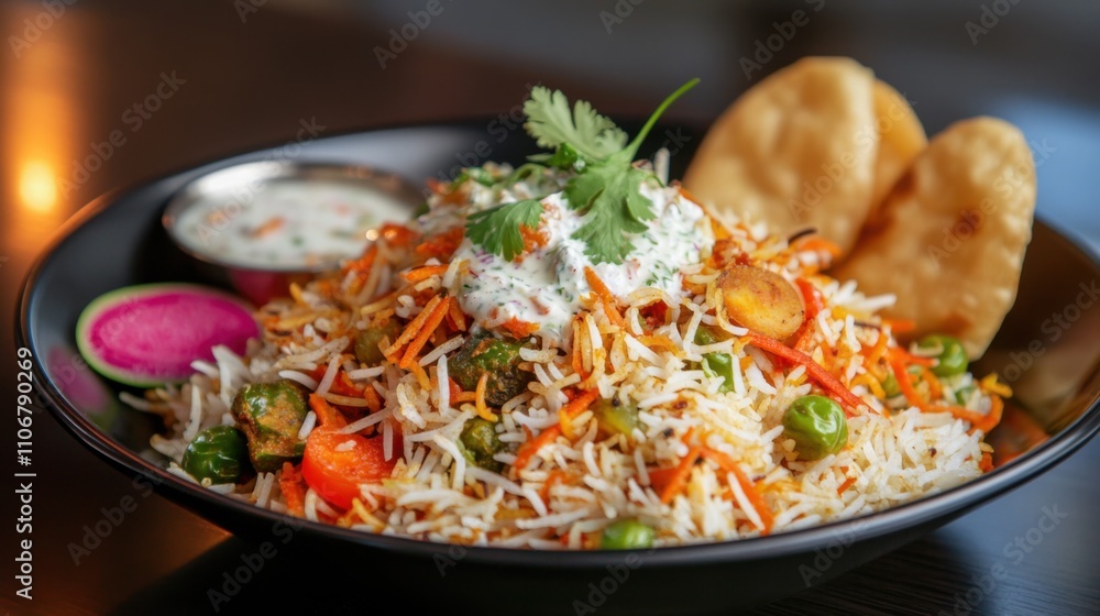 A vibrant plate of vegetable biryani with fragrant basmati rice, mixed vegetables, and aromatic spices A vibrant plate of vegetable biryani with fragrant basmati rice, mixed vegetables, and aromatic spices
