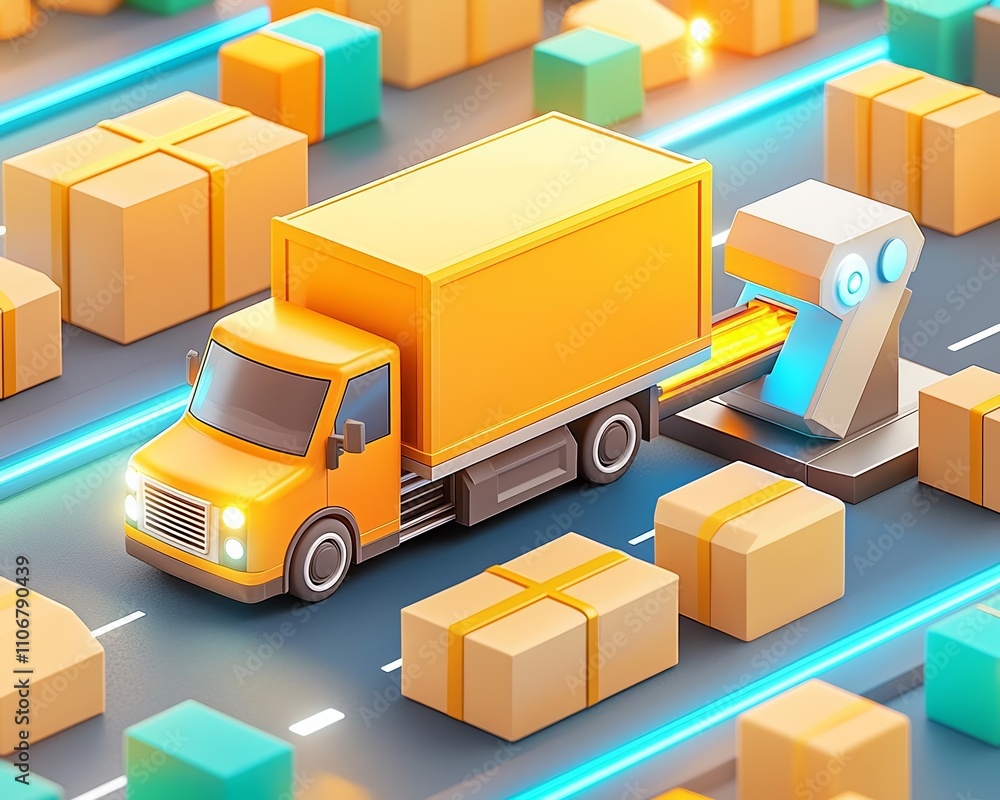 A digital illustration of a yellow delivery truck loading boxes with the aid of a robotic arm, set against a backdrop of many colorful packages. A digital illustration of a yellow delivery truck loading boxes with the aid of a robotic arm, set against a backdrop of many colorful packages.
