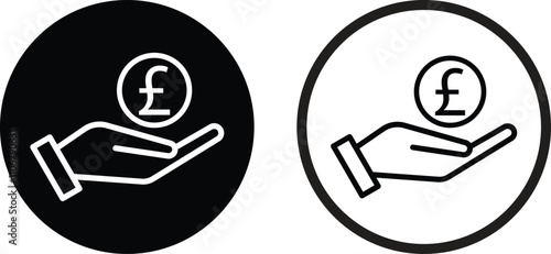 English pound on hand icon set in two styles . Pound sterling money icon . Vector illustration