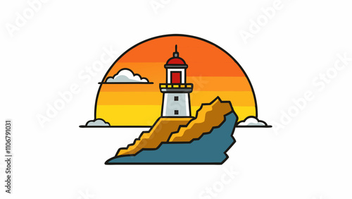 Sunset behind a lighthouse on a cliff vector illustration