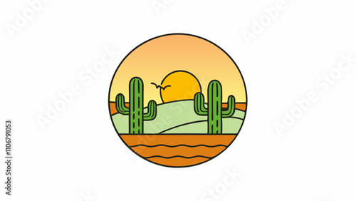 Sunset over a desert with cacti vector illustration